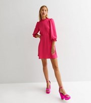 New Look Bright Pink High Neck Tie Back Frill Mini Dress